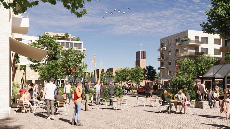 Kanske kan ett nytt torg kan se ut såhär från Svenshögsvägen. Det kommer att utredas i ett kommande gestaltningsprogram för centrum.