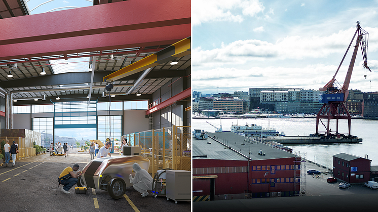 Visionsbild över den 1700 kvm stora verkstadshallen i The Yards nya byggnad från och med januari 2025, Utrustningsverkstaden. Samt flygvy över den älvnära byggnaden där närheten till Stenpiren och Masthuggskajen är tydlig. Bild: Okidoki Arkitekter 
