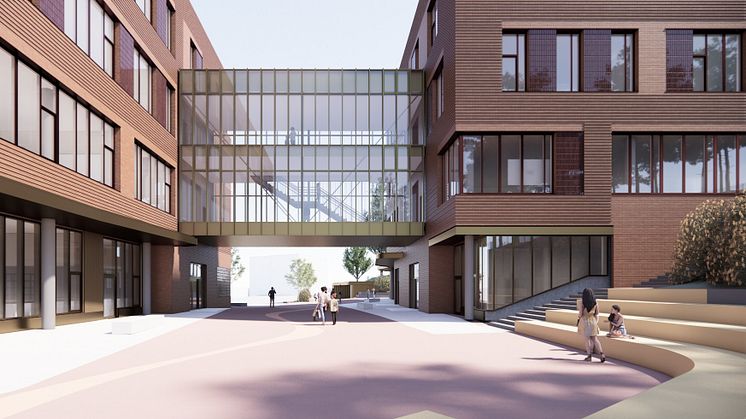 Illustrasjon av en moderne mursteinsbygning med gangbro og mennesker i et grønt uteområde.
