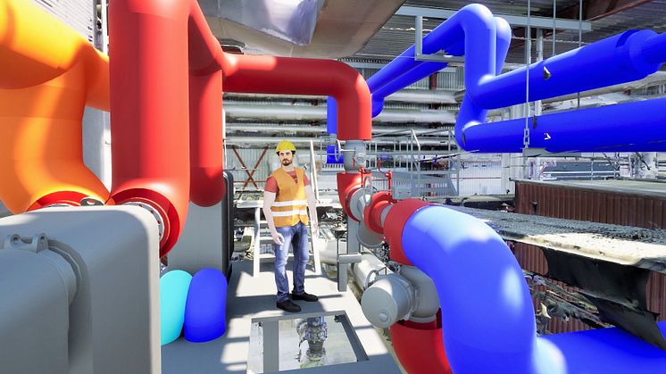 Så här ser miljön ut där man kan vandra runt i VR. Här visas en projekterad nyinstallation i en 3D-skannad befintlig anläggning hos en av FVB:s kunder.