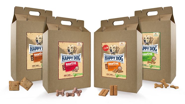Verpackung der neuen Happy Dog NaturCroq gebackenen Snacks für Hunde, die aus natürlichen Zutaten hergestellt sind