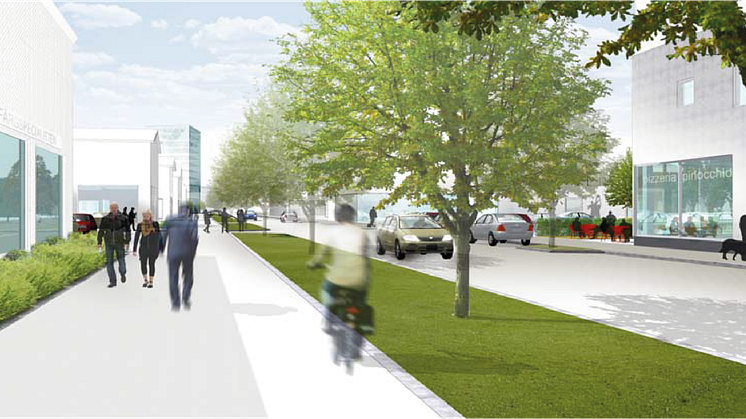 Perspektiv över kvarter med centrumfunktioner sett österifrån från områdets huvudgata, Söderhällbygatan. Illustration: Werket, uppsala.se 