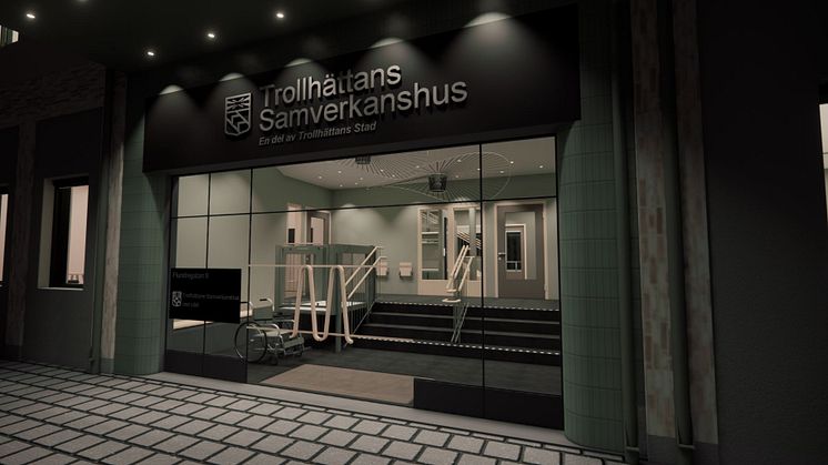 Visionsbild på entrén till Trollhättans Samverkanshus 
