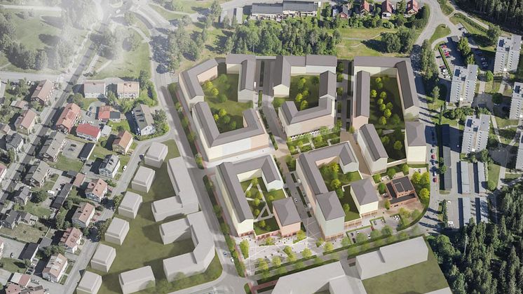 Illustration av nytt bostadsområde med kvarter kring gröna innergårdar.