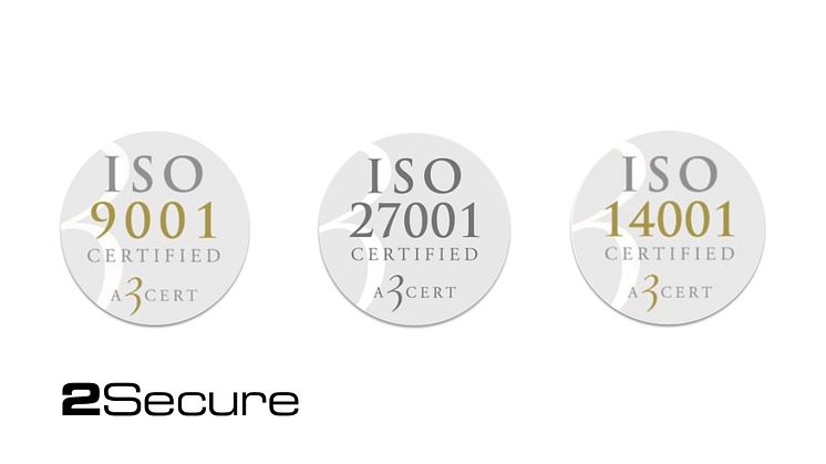 Certifieringarna, som genomfördes av A3CERT, innebär att 2Secures ledningssystem nu uppfyller de internationellt erkända standarderna för kvalitetsledning (ISO 9001), informationssäkerhet (ISO 27001) och miljöledning (ISO 14001).