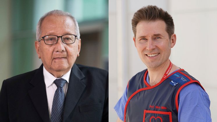 Medicinska hedersdoktorer 2025 vid Umeå universitet: Mohammad Hakimi, Indonesien, och Nicholas Mills, Skottland. Foto: Wisaksono Adhi och Stewart Attwood.