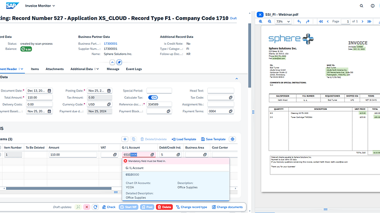Validation in Invoice Monitor_Automatic recognition of invoice data and transfer to Invoice Monitor_Accounting data marked as mandatory fields. Credits xSuite