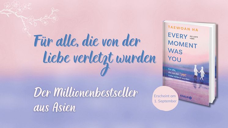 Links oben: Gezeichnete Kirschblüten in weis, Rechts: Cover, Hintergrund: Farbverlauf Rosa zu Lila