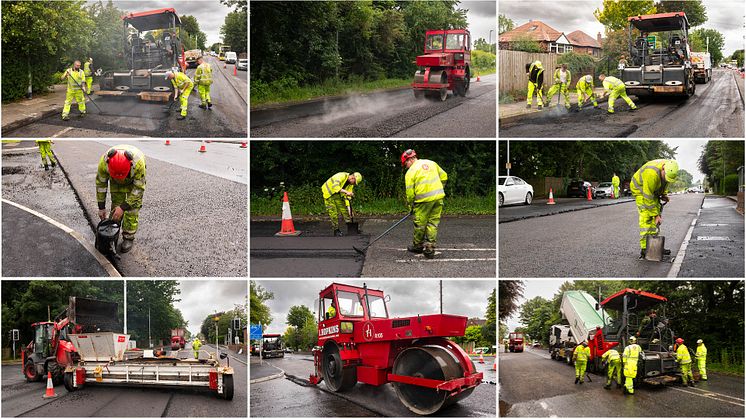 Nine stages of highway resurfacing works at a major road junction.