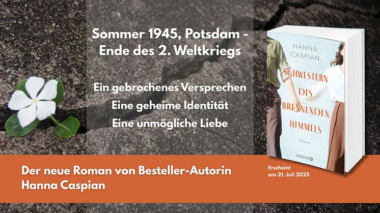 Links: Eine Blume, die sich aus einem Riss in der Erde drängt; Rechts: Buchcover; Mitte: Stichworte Potsdam 1945