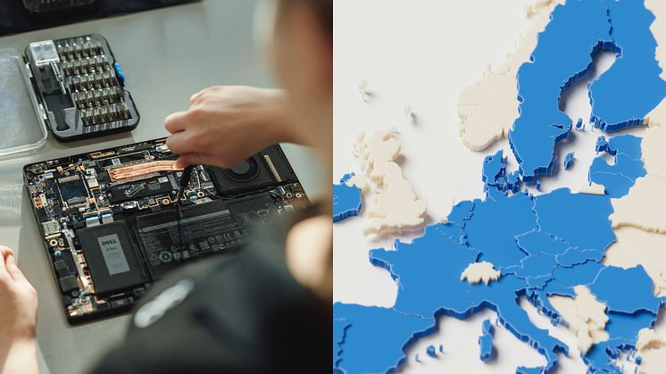 Person repairing an open laptop, next to a 3d map of Europe with the EU countries in blue