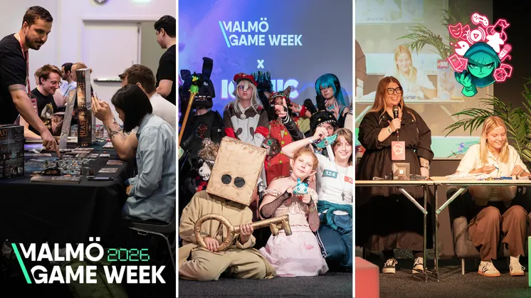 Tredelat bildkollage. Flera personer spelar brädspel, cosplay-utklädda personer samt två personer på en scen.