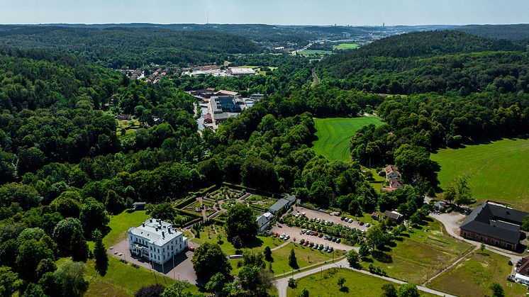 Flygfoto över Jonsereds herrgårdsområde med trädgårdarna från 2022.