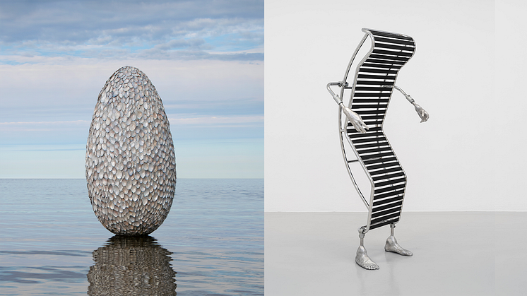 T.v: Anastasia Savinova, Womb Lake Egg, 2024. T.h: Erik Thörnqvist, Standmaschine II, 2022.