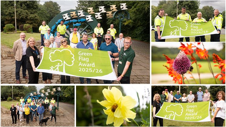 Compilation image showing groups of people holding out the Green Flag Award flag