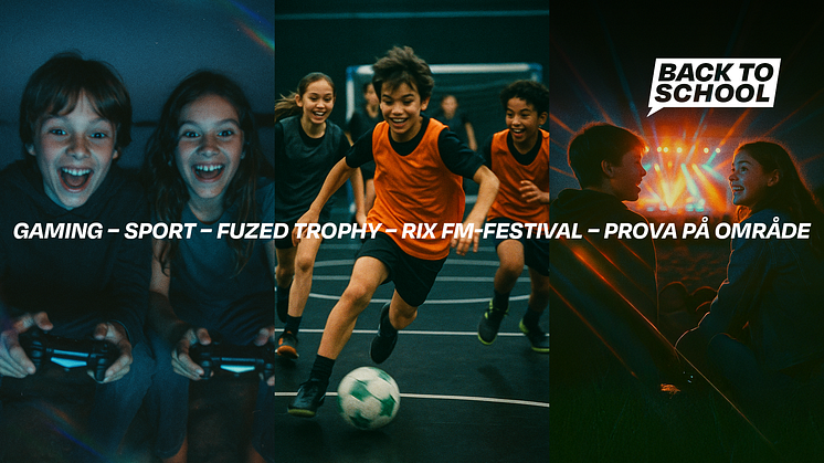 Ett kollage av tre bilder, ungdomar som spelar konsolspel, fotboll och tittar på konsert. Texten på bilden är "Back to School. Gaming - sport - Fuzed Trophy - RIX FM Festival - prova på område". Bilden är AI-genererad. 
