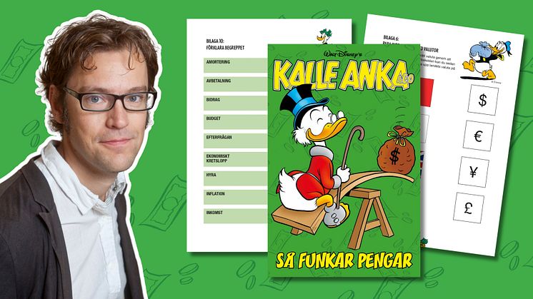 Andreas Bergh (foto Fredrik Eriksson) och det nya läromaterialet med Kalle Anka.