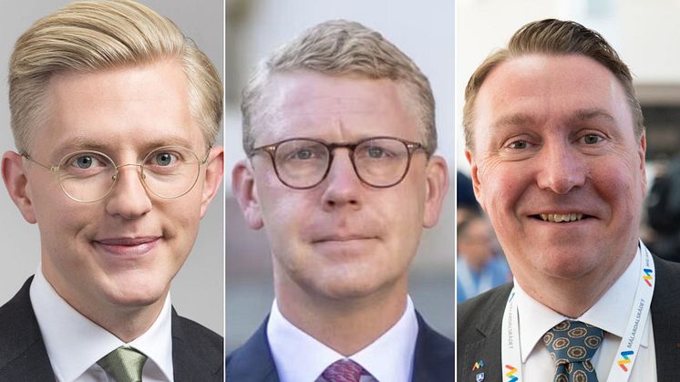 Anton Fendert (MP), trafikregionråd Region Stockholm, Kristoffer Tamsons (M), Region Stockholm och ordförande En Bättre Sits samt Jens Sjöström (S), ordförande Mälardalsrådet och investeringsregionråd Region Stockholm. Pressbilder.