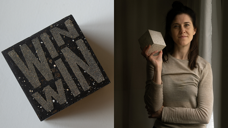 En kvadratisk priskub i "terra preta" för WIN WIN Award. Porträttbild på designern Emeli Höcks som håller i en priskub.