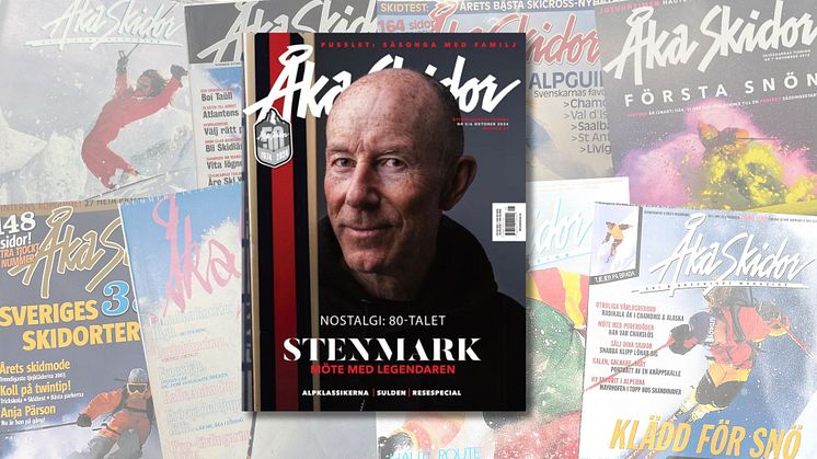 Åka Skidor nr 5, 2024 med flera klassiska omslag i bakgrunden.