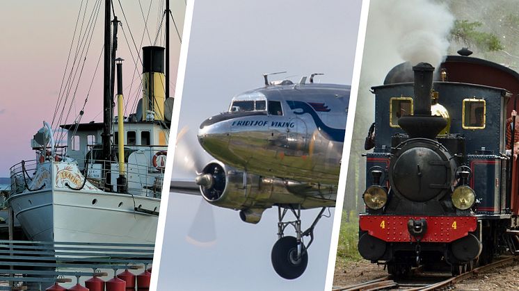 Ångfartyget Trafik i Hjo, DC-3:an Daisy och ångtågen i Jädraås – kulturarv som idag står utan lagskydd. Foto: Sinikka Halme/Ragnhild & Neil Crawford/Kjell Ollashed