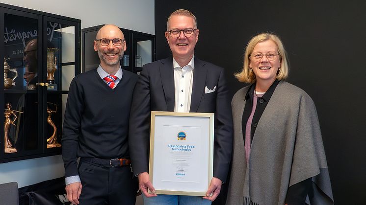 Niclas Persnil, business designer på Krinova, Stefan Björk, vd på Rosenqvists Food Technologies samt Ulrika Hasselgren, vd på Krinova.