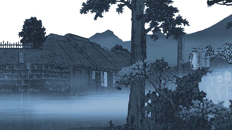 Stillbild i monokrom färgskala illustration av bergsby i Japan