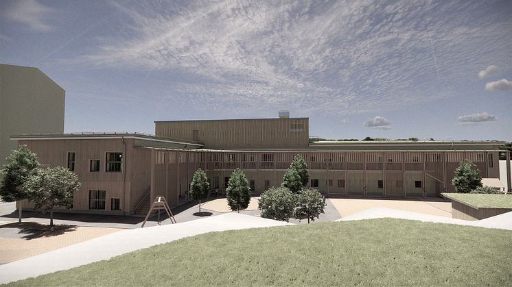 Bergfotens förskola i Tyresö, vy från gård. Illustration: AIX Arkitekter.