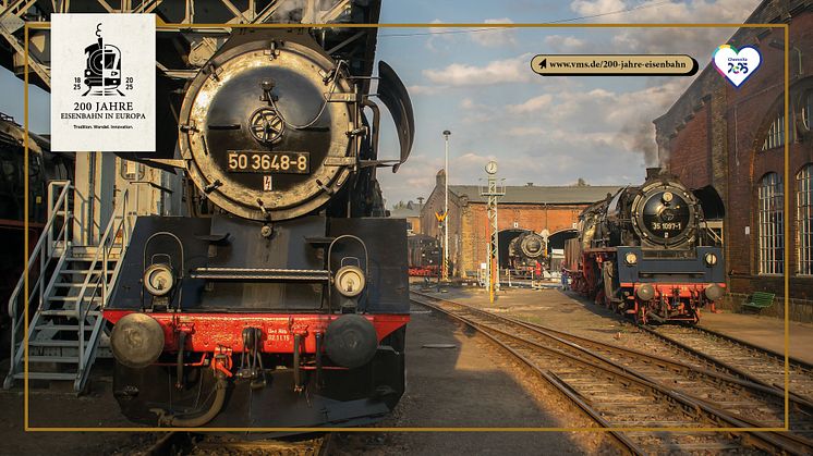 alte Lokomotiven, Gleise, ein alter Backsteinbahnhof und das Logo 200 Jahre Eisenbahn als Fotomontage
