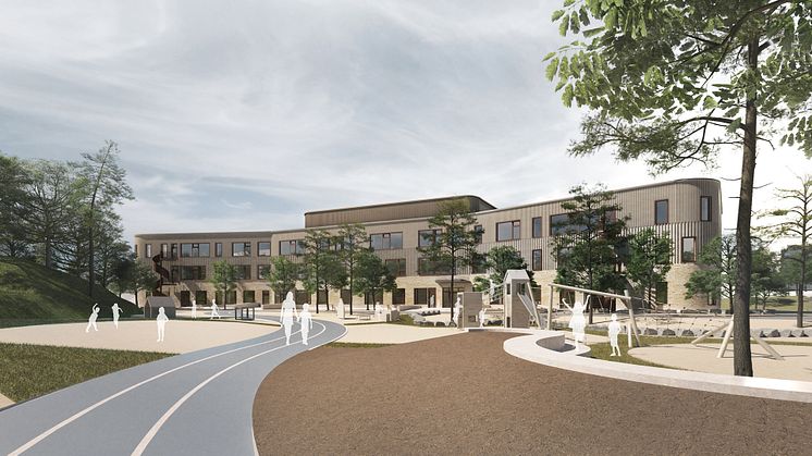 De runda hörnen på nya Njupkärrs skola bidrar till en mjuk och trygg framtoning. Illustration: AIX Arkitekter.