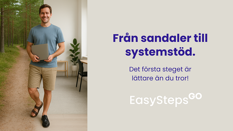 Bilden visar en man som går från semestersanden med sandal på ena foten till kontoret med sko på andra foten. Han är glad.