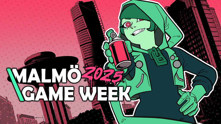 Texten "Malmö Game Week 2025" och evenemangets animerade maskot Lezlie avbildas framför ikoniska Malmöbyggnader.