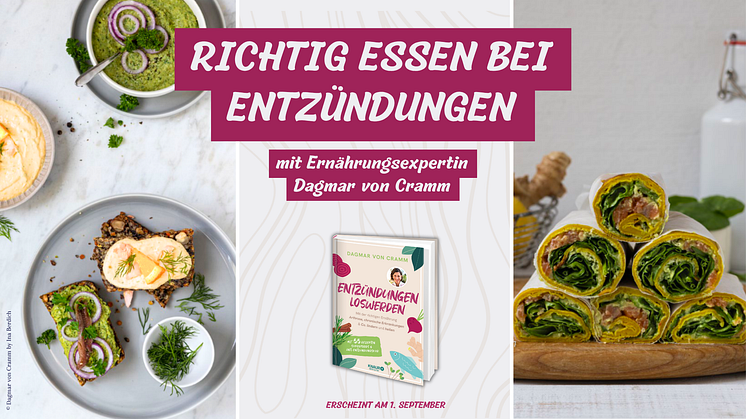 Collage mit gesunden Gerichten und Buchcover 'Entzündungen loswerden' von Dagmar von Cramm.