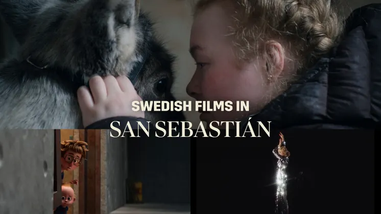 Collage of three film scenes: a person with a reindeer, animated characters in a doorway, and a performer on stage.