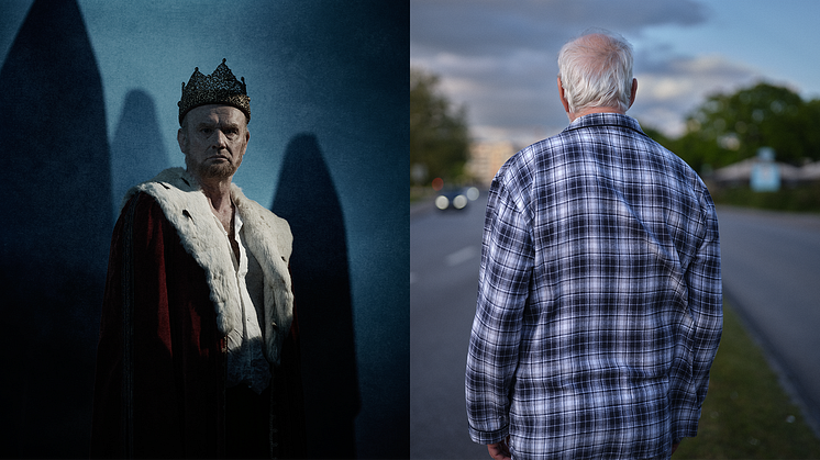 Sammanslagna kampanjbilder för föreställningarna Macbeth och Pappan: Man i kungakrona och ryggtavlan av en äldre man i rutig 