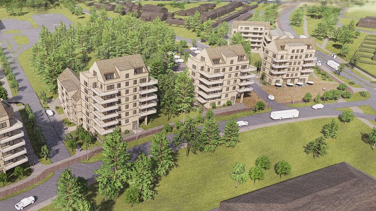 Visionsbild för bebyggelse längs Marieforsleden och Lockerudsvägen, här med Lockerudsvägen i förgrunden. Bild: Sjöporten Holding AB/Malmström Edström Arkitekter Ingenjörer AB.