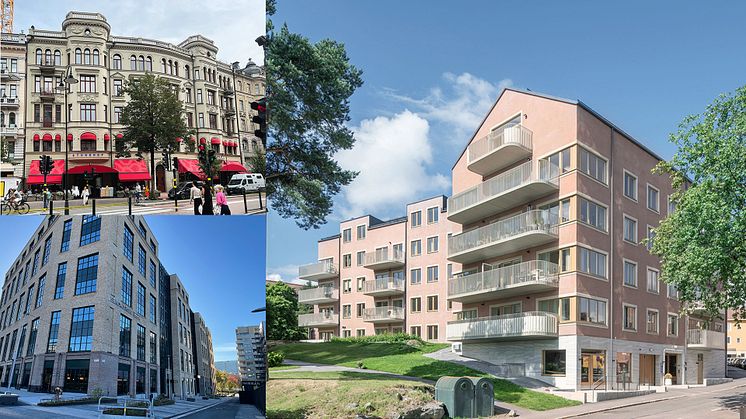 Plåt & Ventföretagens medlemsföretags nominerade projekt till Årets Fasad 2024: Sperlings backe 45, Haga Norra kv 1 och Torselden 8.