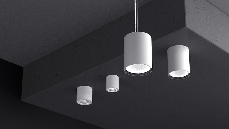 Image: LTS Licht & Leuchten GmbH. The Button family from left: Button Mini 200, Button Mini 100, Button Evo pendant luminaire, Button Evo surface-mounted version.