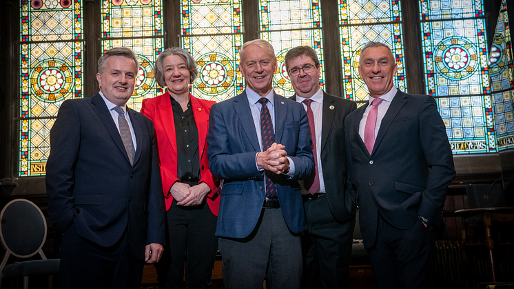 L-R: Professor Michael Young, University of Sunderland; Professor Karen O'Brien, Durham University; Professor Sir Chris Day, Newcastle University; Professor Andy Long, Northumbria University; and Professor Paul Croney, Teesside University.