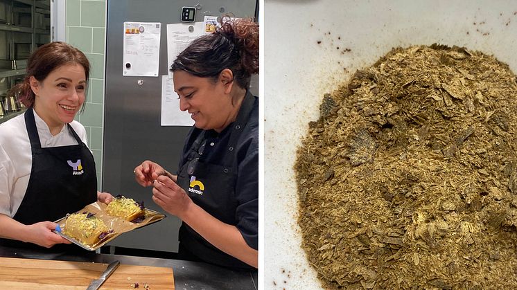 Lilit Petrosyan och Milla Ritzman, studerande vid YH Akademin, testar ostronmjölet.