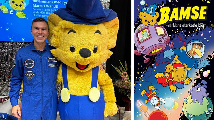 Foto: Marcus Wandt tillsammans med Bamse under Bokmässan i Göteborg, samt omslaget till Bamse nr 1/2025.