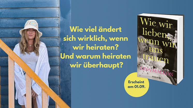 Links: Frau (Autorin Lina Mallon) steht vor einer blauen Holzwand. Rechts sieht man das Cover zum neuen Buch.
