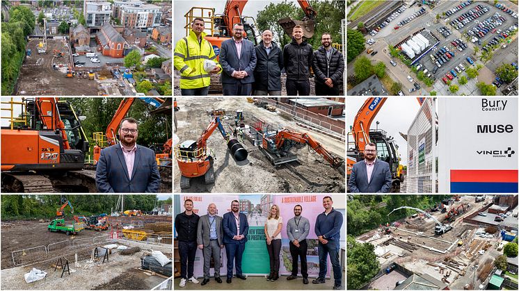 A compilation image showing a group of people visiting the Prestwich Travel Hub construction site