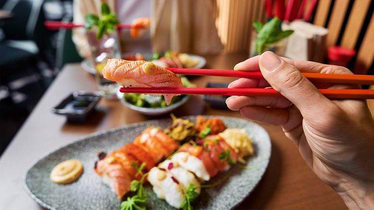Sensei Nigiri, med bit halstrad lax i fokus