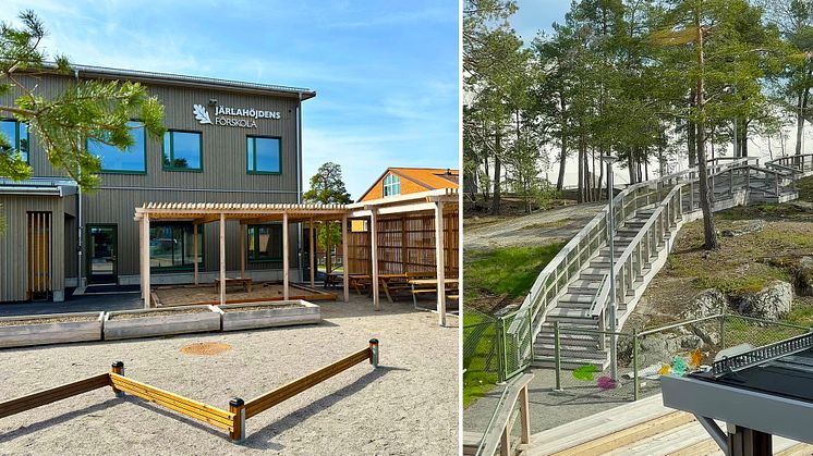 Förskolans gård erbjuder bland annat naturlek bland bevarade berghällar och träd.
