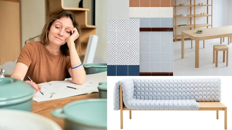 Inga Sempé is drawing in her shetchbook. Imeages also shows some of her previous furnitures and patterns. 