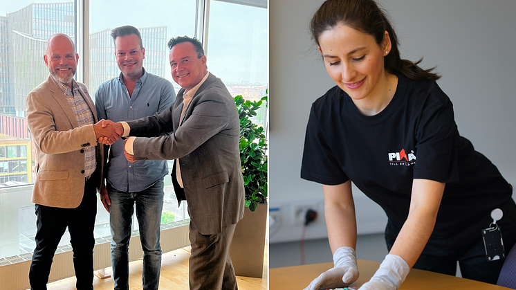 Från vänster: Stefan Wickenberg och Peder Gyllix, före detta ägare av Gyllix & Co, skakar hand med Kimmo Vihtari, ansvarig för fusioner och förvärv på PIMA Gruppen