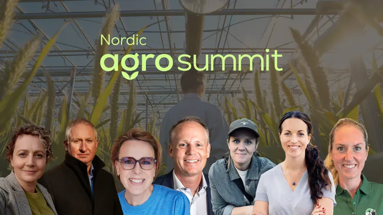 Nordic Agro Summit: sju porträtt av konferensens första bekräftade talare framför ett växthus.