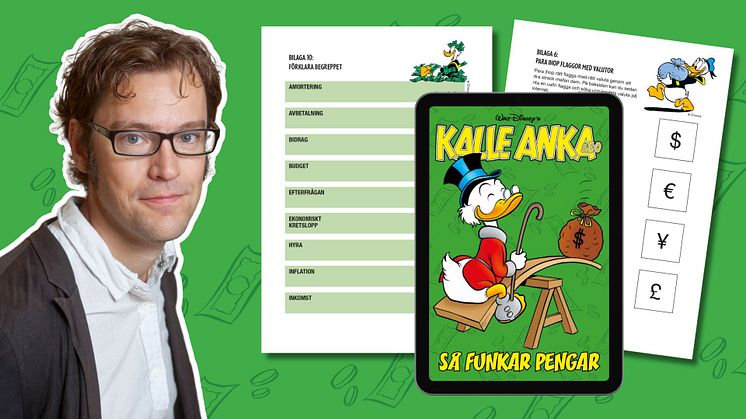 Andreas Bergh (foto Fredrik Eriksson) och det nya läromaterialet med Kalle Anka.