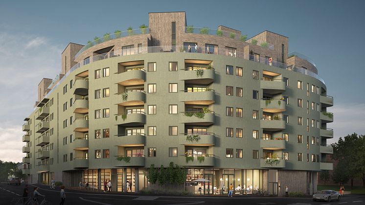Den unike fasaden med dråpeformede balkonger og næringsdel i 1. etasje. Illustrasjon: Plyo